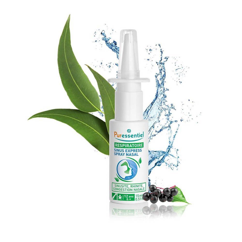 Spray nasal blanc avec embout. Inscription : Puressentiel, Respiratoire, Sinus Express Spray Nasal. Avec feuilles et éclaboussures d'eau.