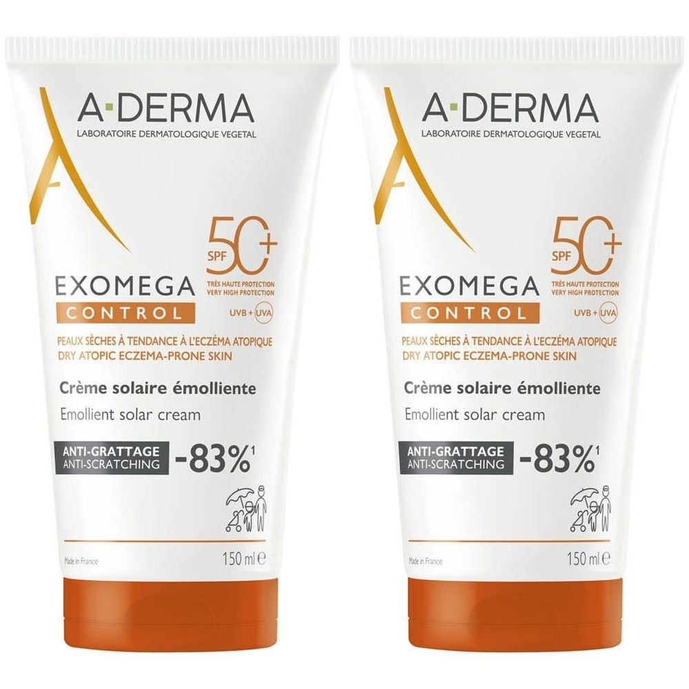 Deux tubes de crème solaire A-DERMA Exomega Control. Blanc, bouchon orange. Texte: SPF 50+, pour peaux atopiques.