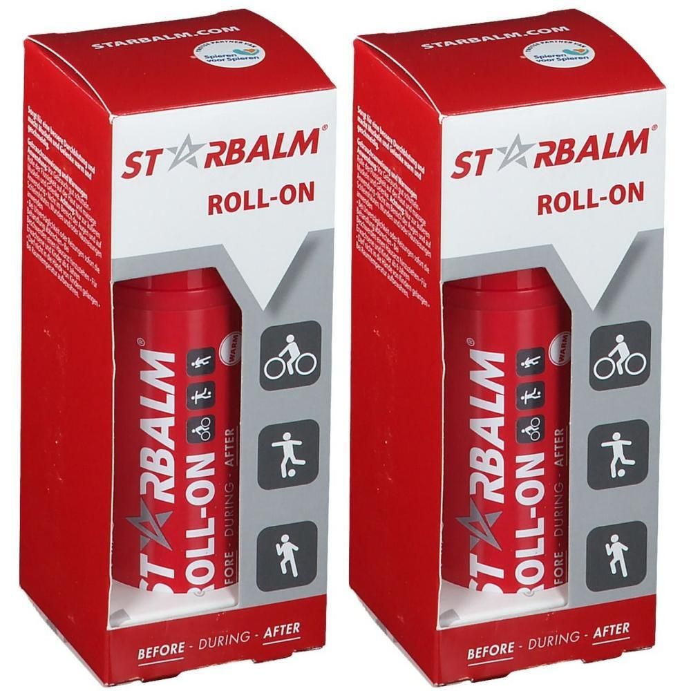 Deux flacons roll-on rouges dans des boîtes rouges. Inscription STARBALM et ROLL-ON. Symboles sportifs.
