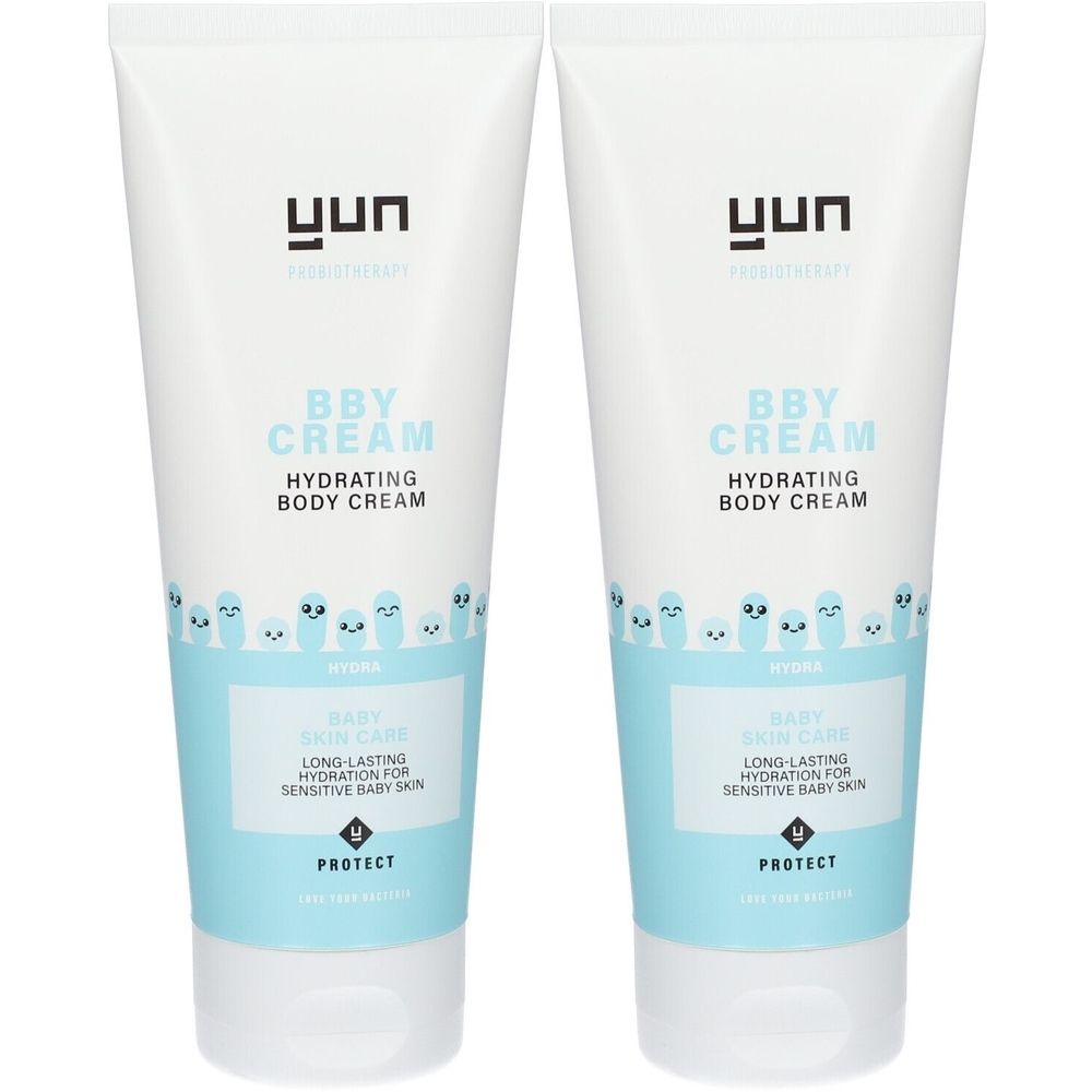 Deux tubes blancs avec texte bleu. Inscription: BBY CREAM, HYDRATING BODY CREAM. Marque: YUN. Pour peaux sensibles de bébés.