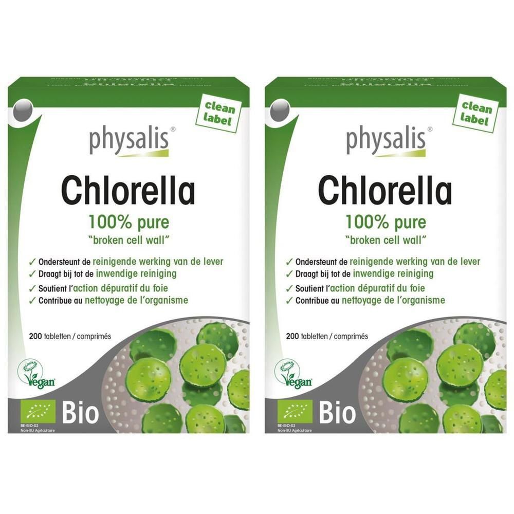 Deux boîtes de Physalis Chlorella. Emballage blanc avec accent vert. Texte : Chlorella, 100% pure, 200 comprimés, label Bio.