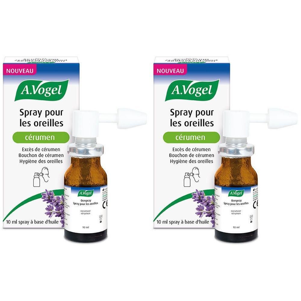 Deux flacons A. Vogel Spray pour les oreilles avec vaporisateur et emballage. Inscription : Spray pour les oreilles, cérumen.