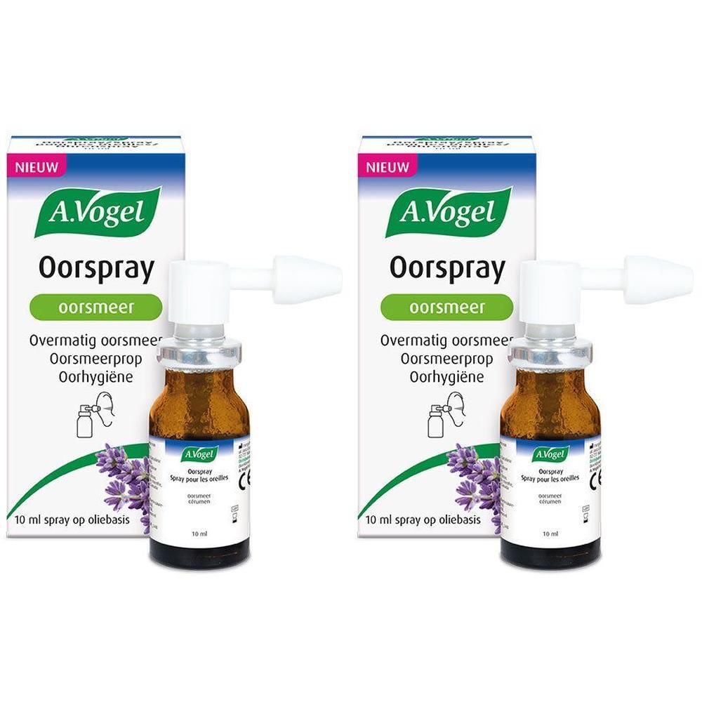Twee flacons A. Vogel Oorspray met verstuiver en verpakking. Opschrift: Oorspray, oorsmeer.
