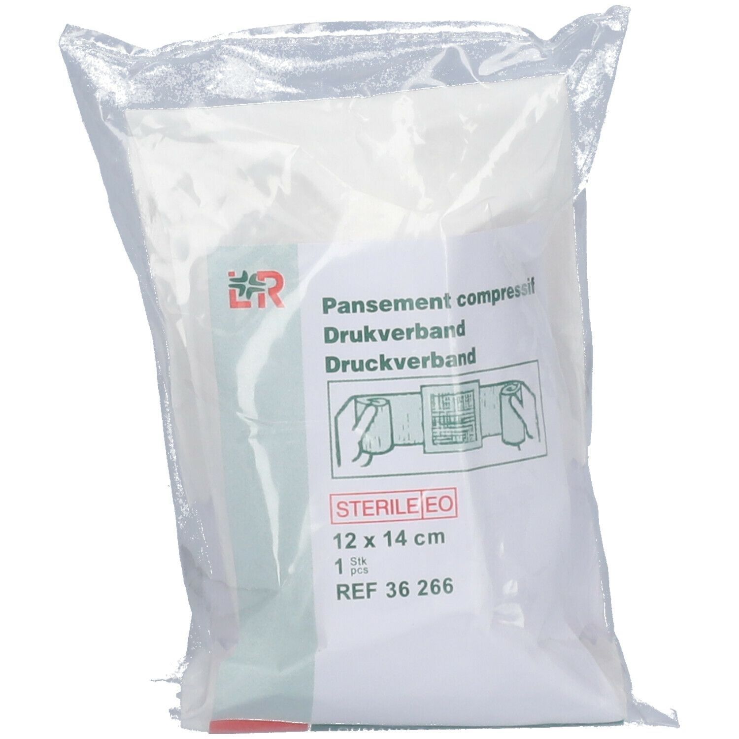 Verpakking met drukverband. Afmeting 12 x 14 cm, steriel. Merk LR. Referentie 36 266. Opschrift: Pansement compressif.