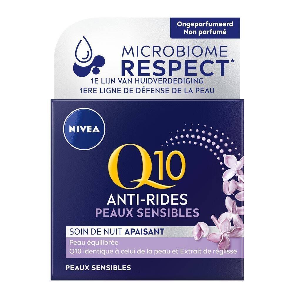 Verpakking van Nivea Q10 anti-rimpel nachtcrème voor de gevoelige huid. Blauwe doos met wit logo en geel Q10-logo.