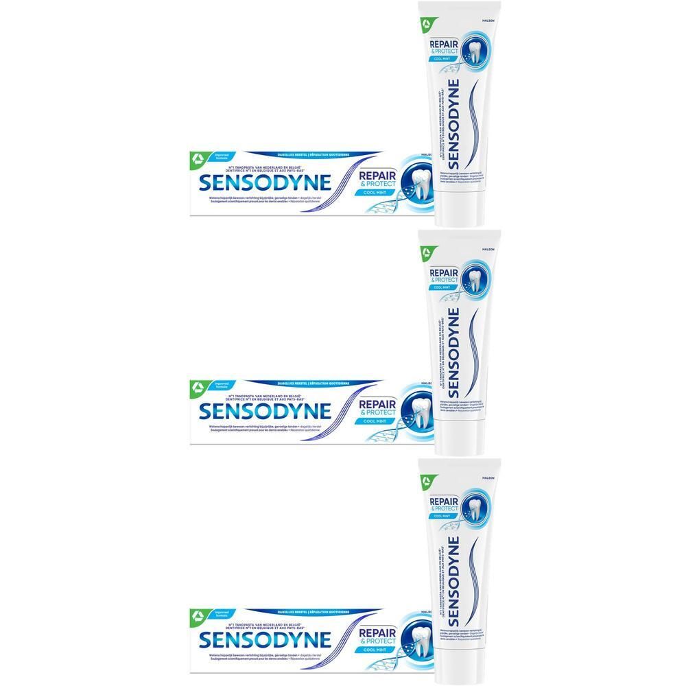 Trois tubes et boîtes de dentifrice Sensodyne Repair & Protect Cool Mint. L'emballage présente le produit et le nom de la marque.