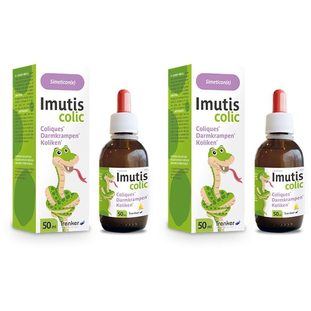Flacon brun avec pipette rouge et boîte. Inscription: Imutis colic, Coliques Darmkrampen Koliken. 50ml.