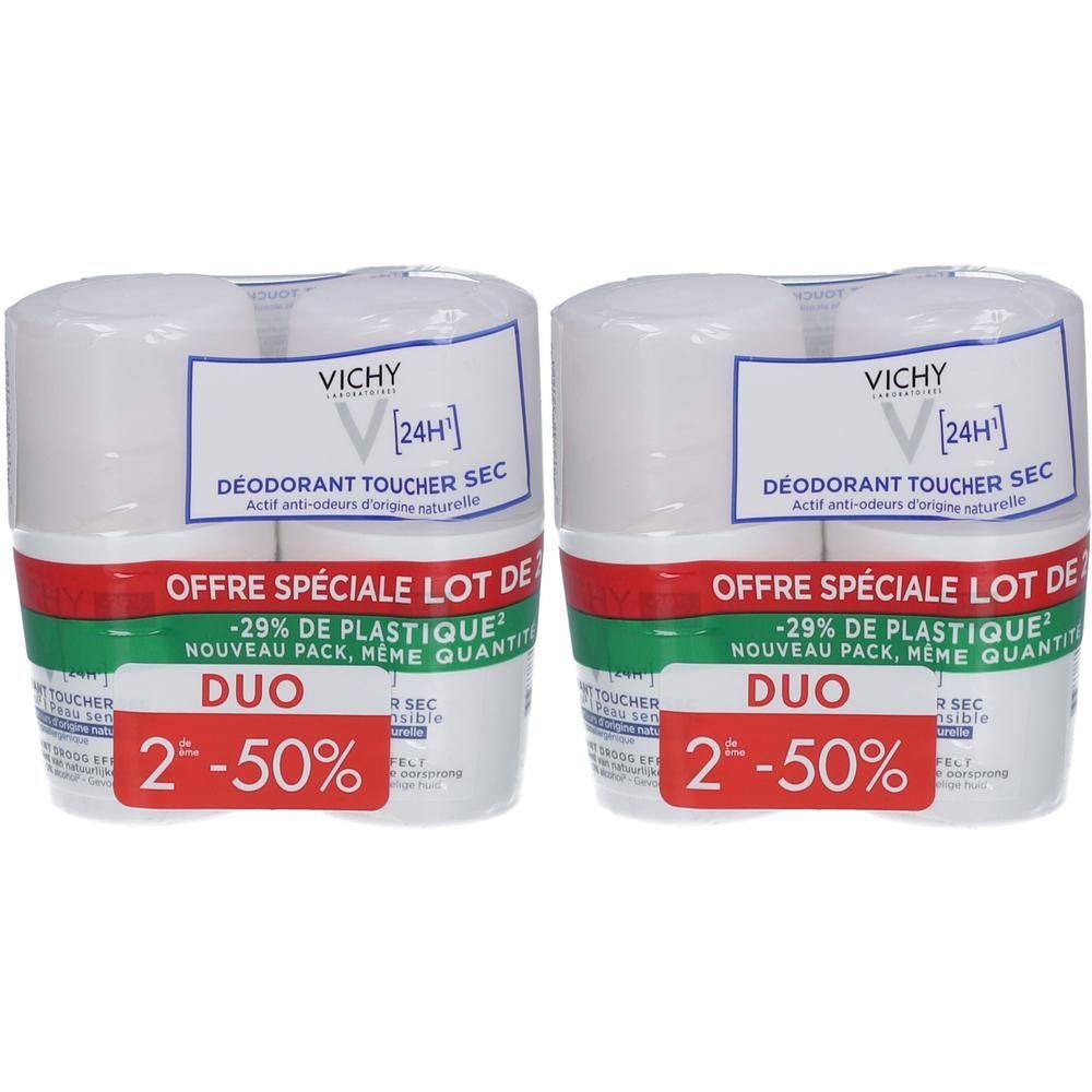 Deux packs de déodorant. Récipients blancs avec bande rouge et verte. Inscription: Vichy, 24H, Deodorant Toucher Sec, Duo, 2 -50%.