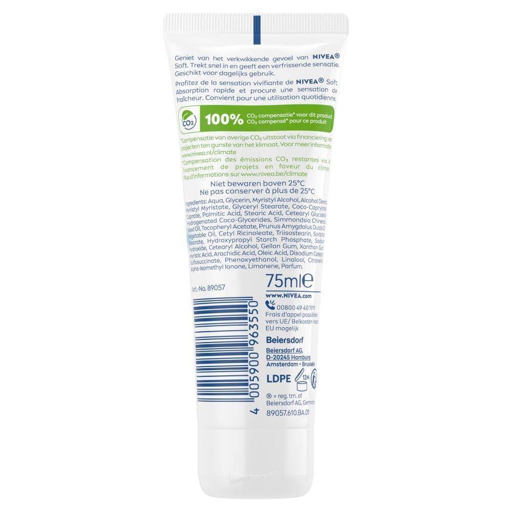 Dos d'un tube Nivea Soft. Blanc, avec texte et ingrédients. Volume: 75ml. Logo: CO2 compensé.