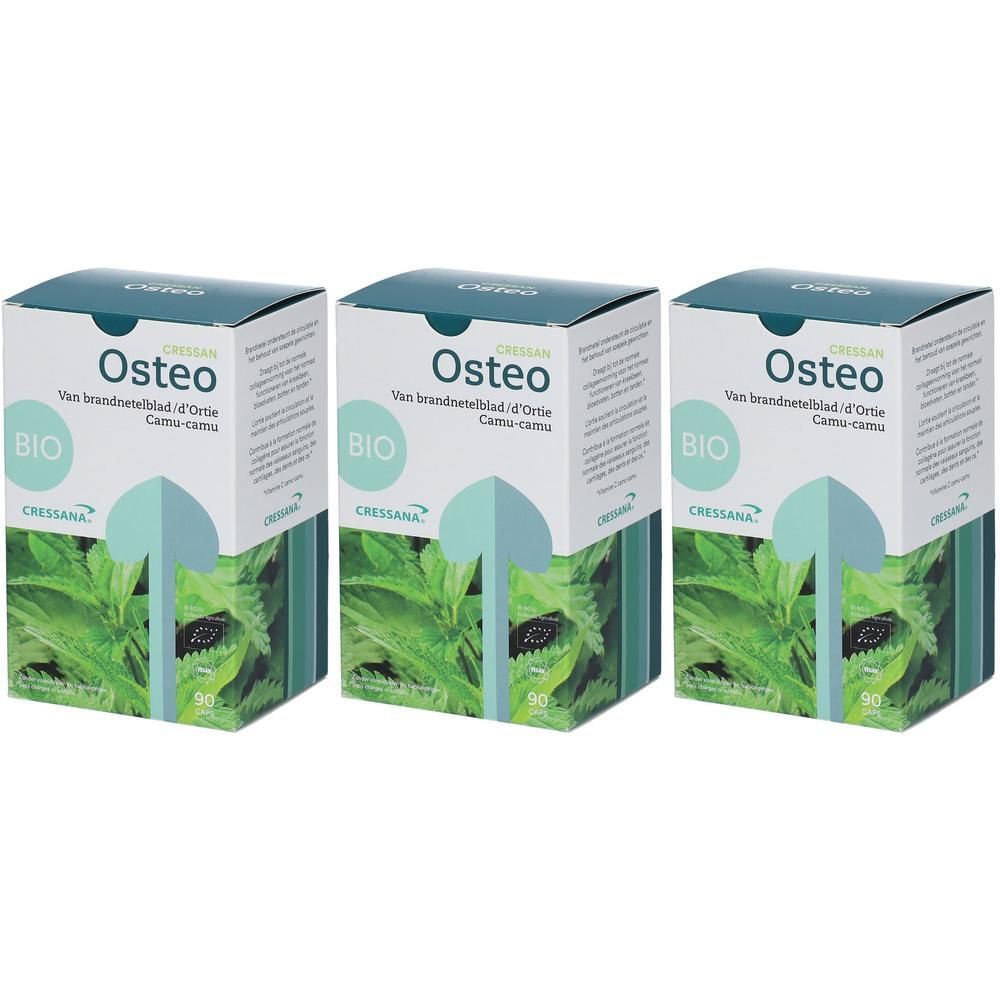 Drie dozen Cressana Osteo. Opschrift Osteo, BIO en Cressana. Afbeelding van bladeren. Bio-keurmerk.
