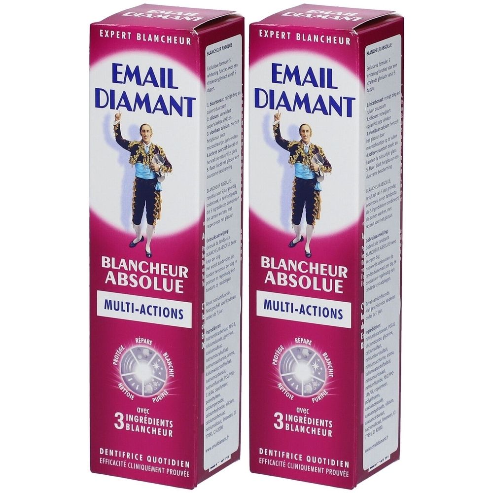 Deux boîtes de dentifrice. Inscription : EMAIL DIAMANT, BLANCHEUR ABSOLUE, Multi-Actions. Image d'un homme.