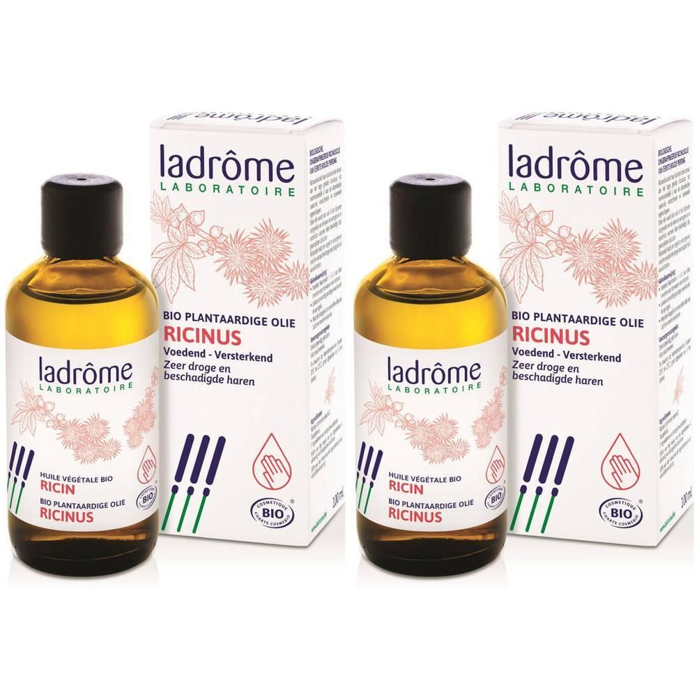 Deux flacons et deux boîtes. Sur les flacons et les boîtes, on peut lire "ladrôme LABORATOIRE". Sur les boîtes, on lit "BIO PLANTAARDIGE OLIE RICINUS".