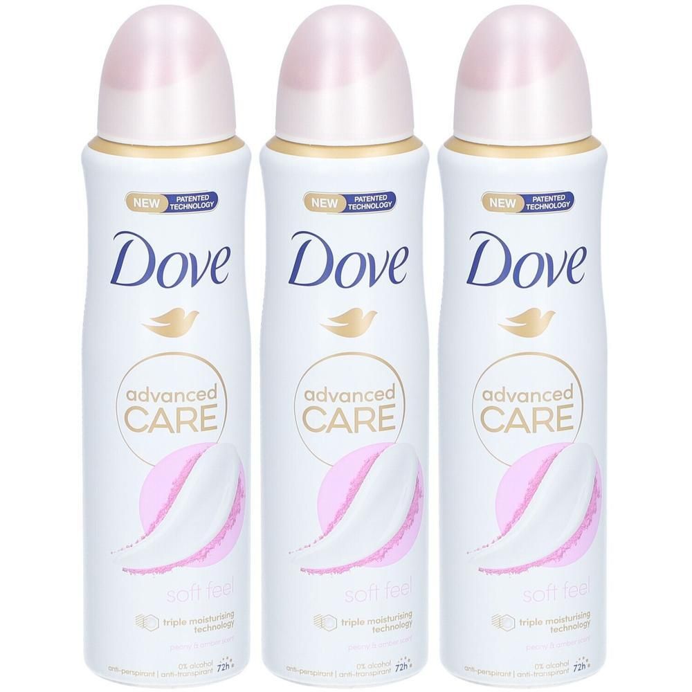 Trois flacons spray blancs avec bouchons roses. Chaque flacon porte les inscriptions Dove, Advanced Care et Soft Feel.