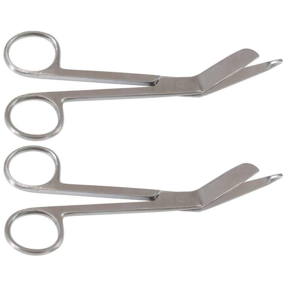 Deux ciseaux de Lister chirurgicaux en métal. Anneaux ronds pour les doigts. Lames coudées et arrondies.