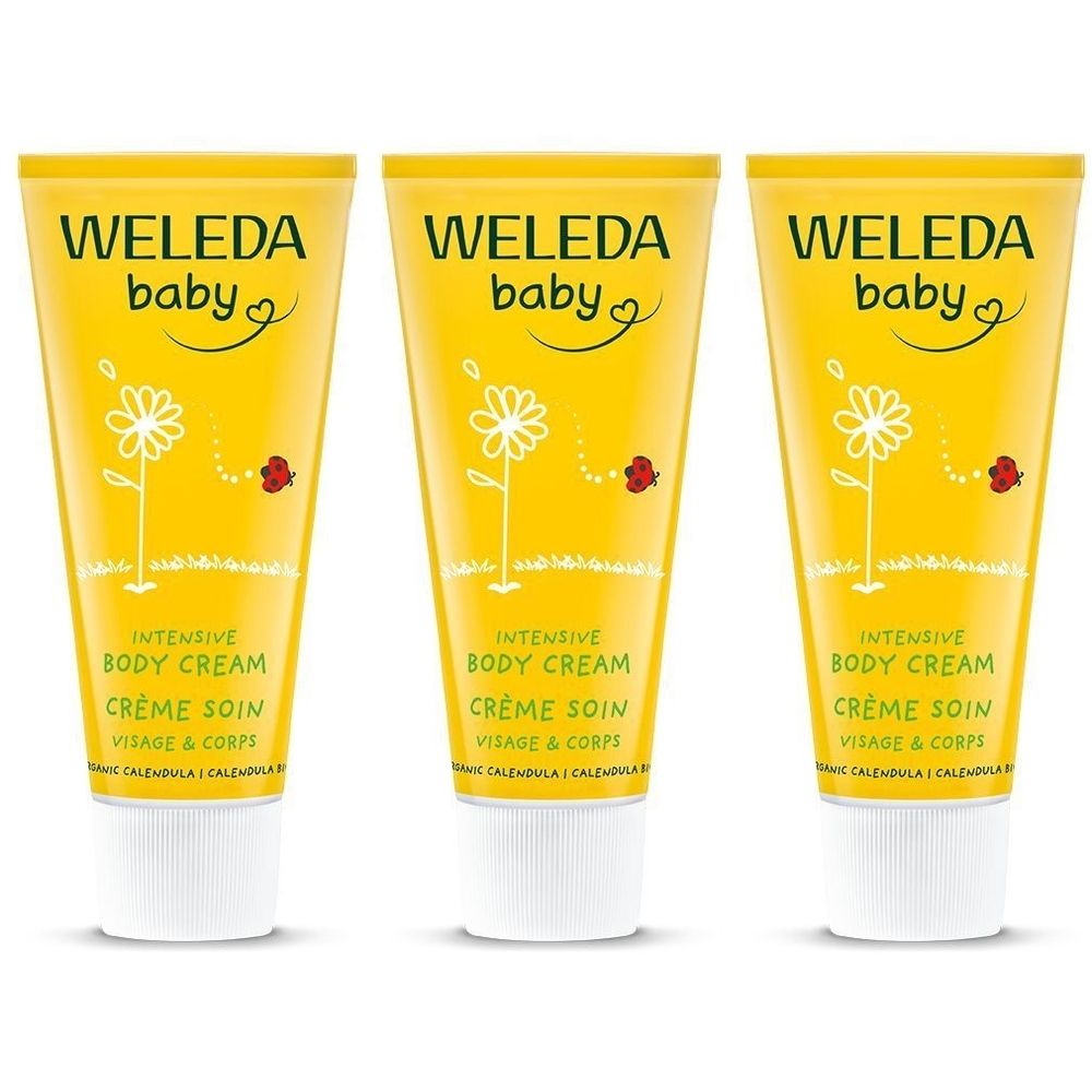 Trois tubes jaunes avec bouchons blancs. Chaque tube porte l'inscription "WELEDA baby" et "INTENSIVE BODY CREAM".
