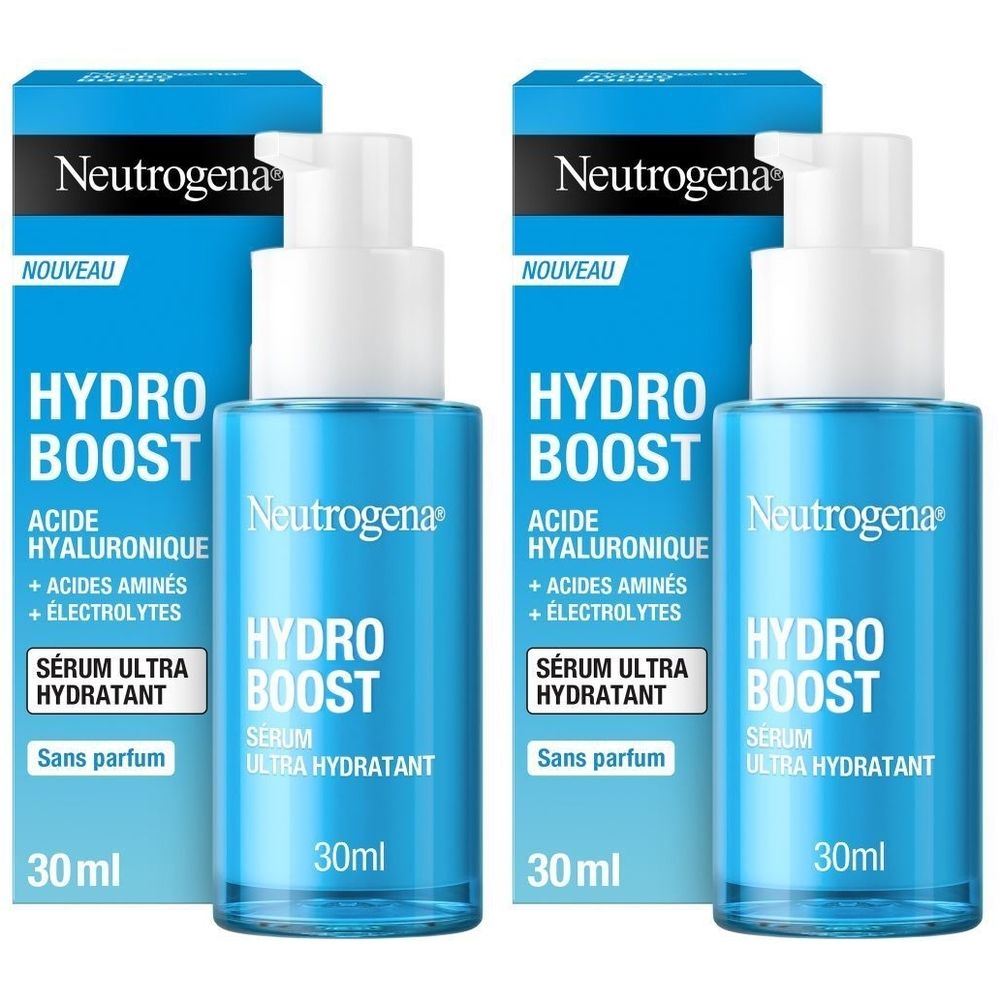 Deux flacons de sérum Neutrogena Hydro Boost avec emballage bleu. Inscription : Hydro Boost, Sérum Ultra Hydratant, 30ml.
