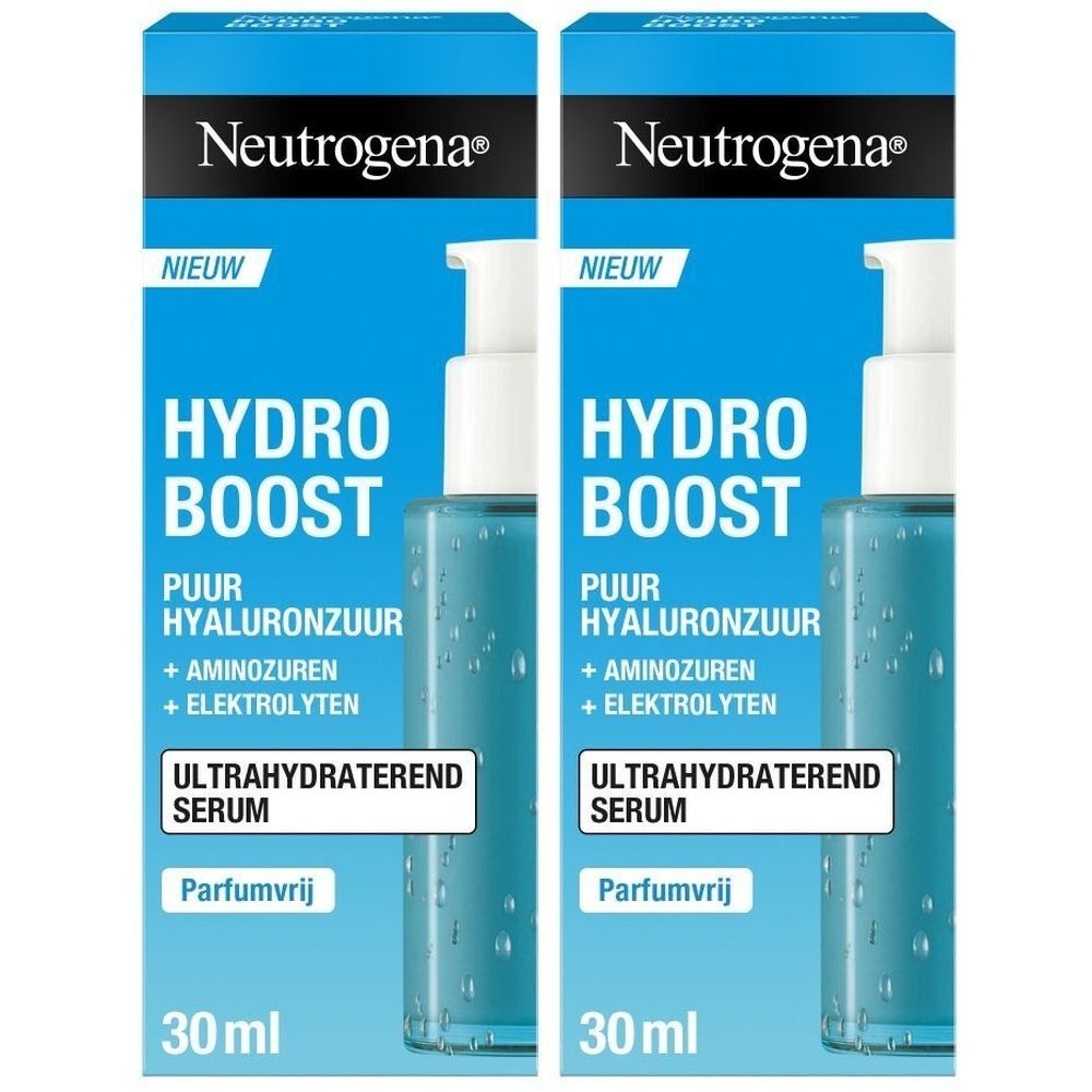 Twee flacons Neutrogena Hydro Boost serum met blauwe verpakking. Opschrift: Hydro Boost, Ultrahydraterend Serum, 30ml.