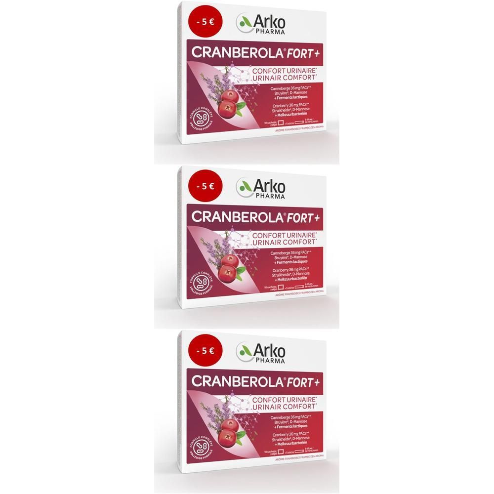 Drie verpakkingen Cranberola Fort+. Rode en witte verpakking met productnaam en logo. Rode cirkel met -5€.