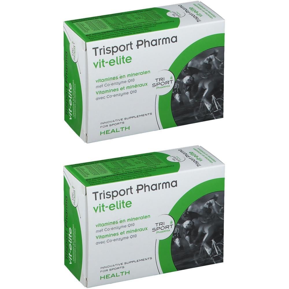 Twee dozen Trisport Pharma vit-elite. Opschrift: Vitaminen en mineralen. Groen-witte verpakking met logo.