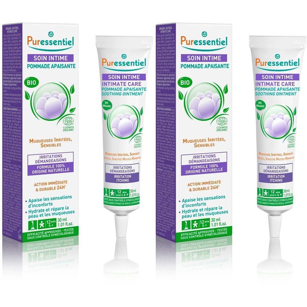 Drie tubes en twee dozen. Opschrift: Puressentiel, Soin Intime, Intimate Care, verzachtende zalf. Bio-certificering.