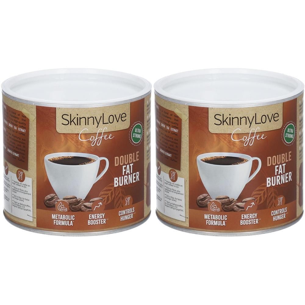 Twee blikken SkinnyLove Coffee Double Fat Burner. Bruine blikken met witte deksels. Opdruk: koffiekopje, bonen, tekst.