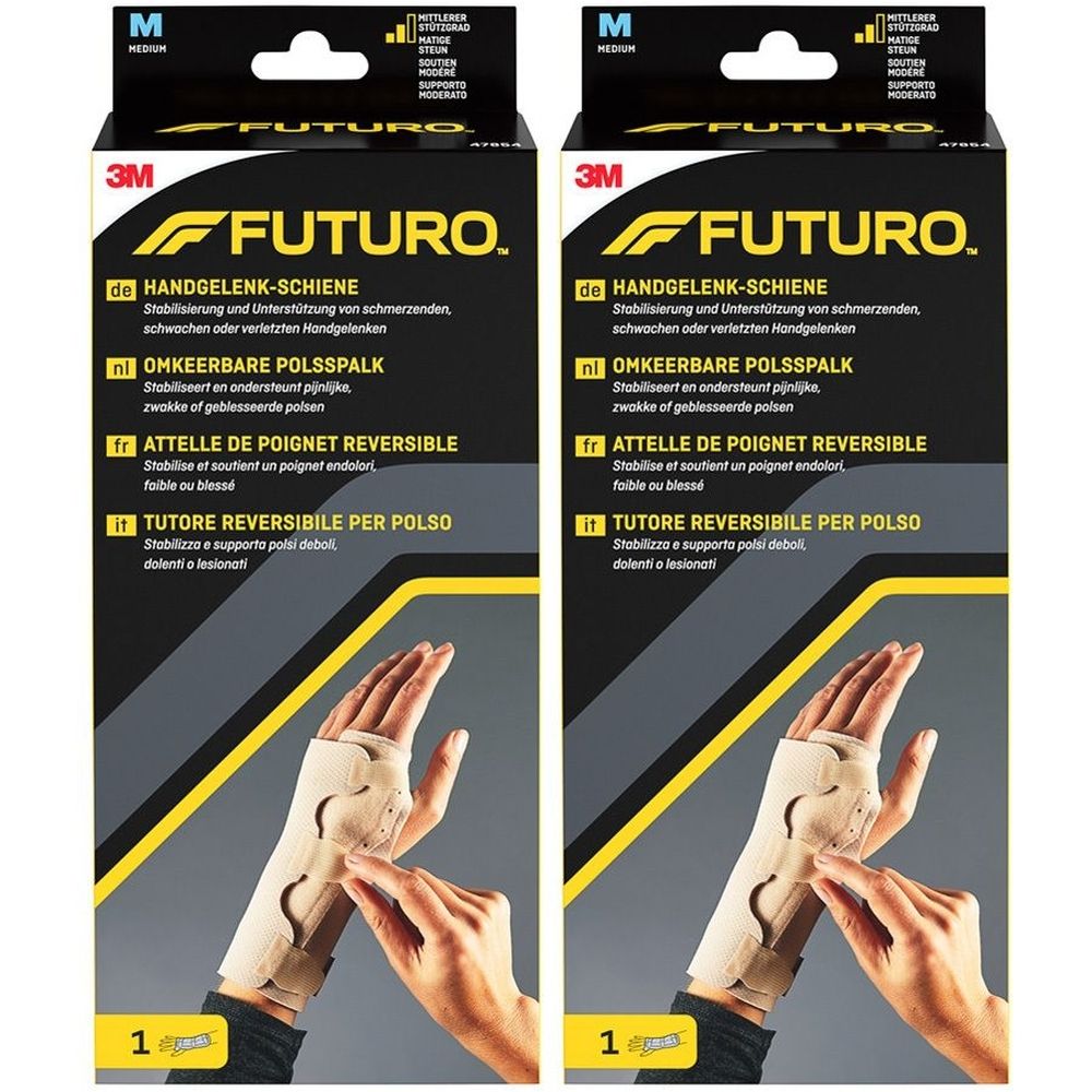 FUTURO Omkeerbare polsspalk. Verpakking met twee. Maat M. Beige polssteun, getoond op een hand.