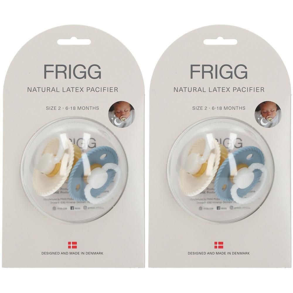 Deux paquets de sucettes FRIGG en latex. Chaque paquet contient deux sucettes crème et bleu. Emballage avec illustration de bébé.