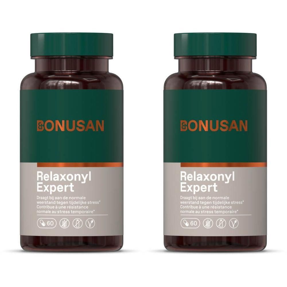 Twee flessen met groene dop en etiket. Opschrift: BONUSAN, Relaxonyl Expert. Bevat 60 capsules. Vegan.