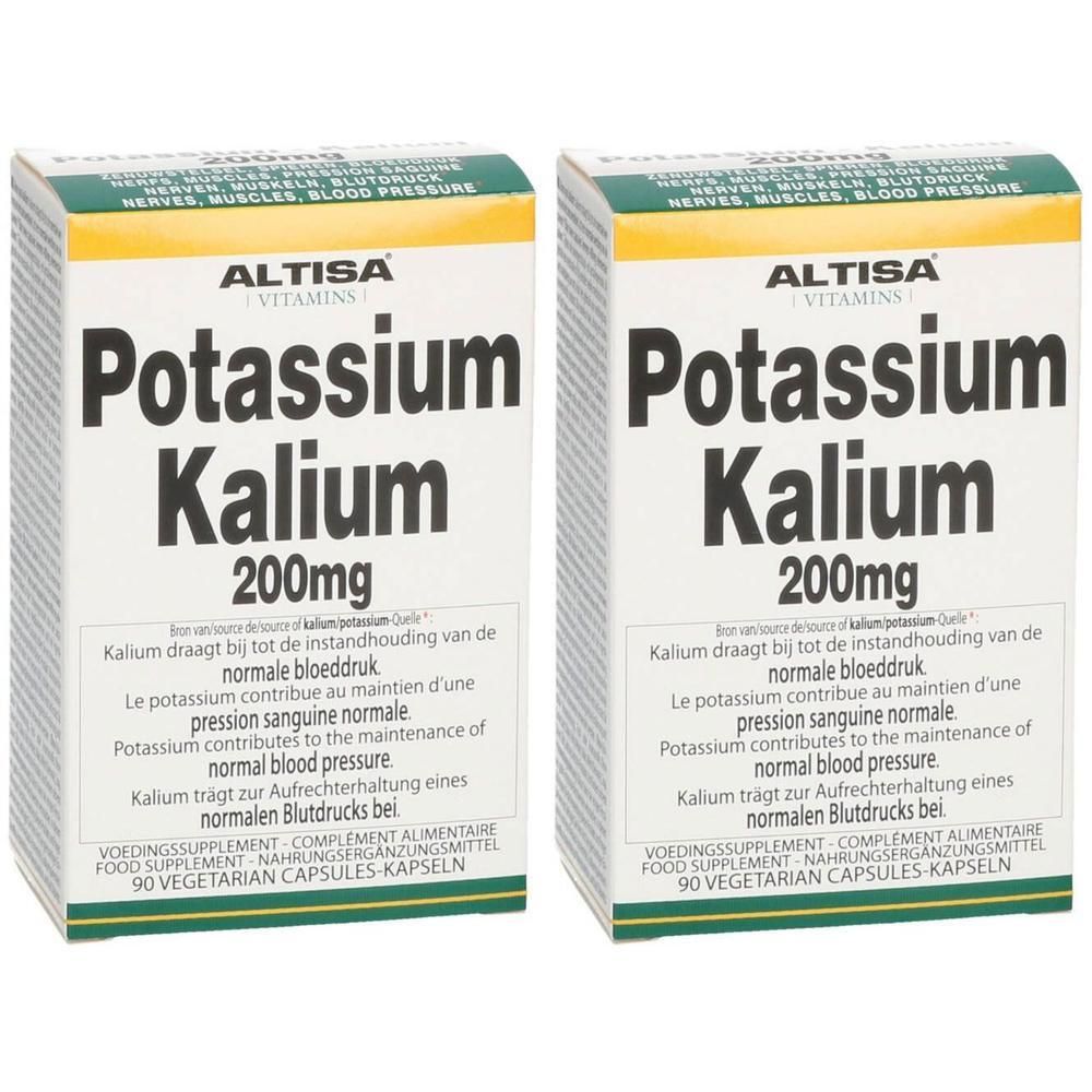 Deux boîtes de Altisa Potassium 200mg. Inscription: Potassium pour une pression sanguine normale. 90 gélules végétales.