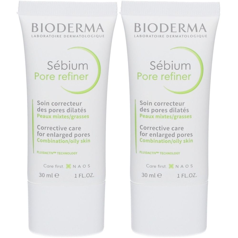 Deux tubes de Bioderma Sebium Pore Refiner. Tubes blancs avec texte vert. Texte: Sebium Pore refiner, 30 ml, 1 FL.OZ.