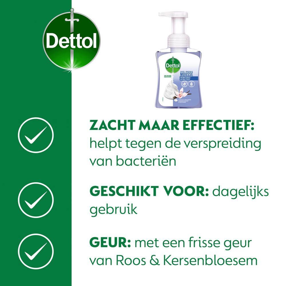 Groene achtergrond met tekst: Zacht maar effectief, Geschikt voor dagelijks gebruik, Geur: met een frisse geur van Roos & Kersenbloesem. Afbeelding van Dettol.