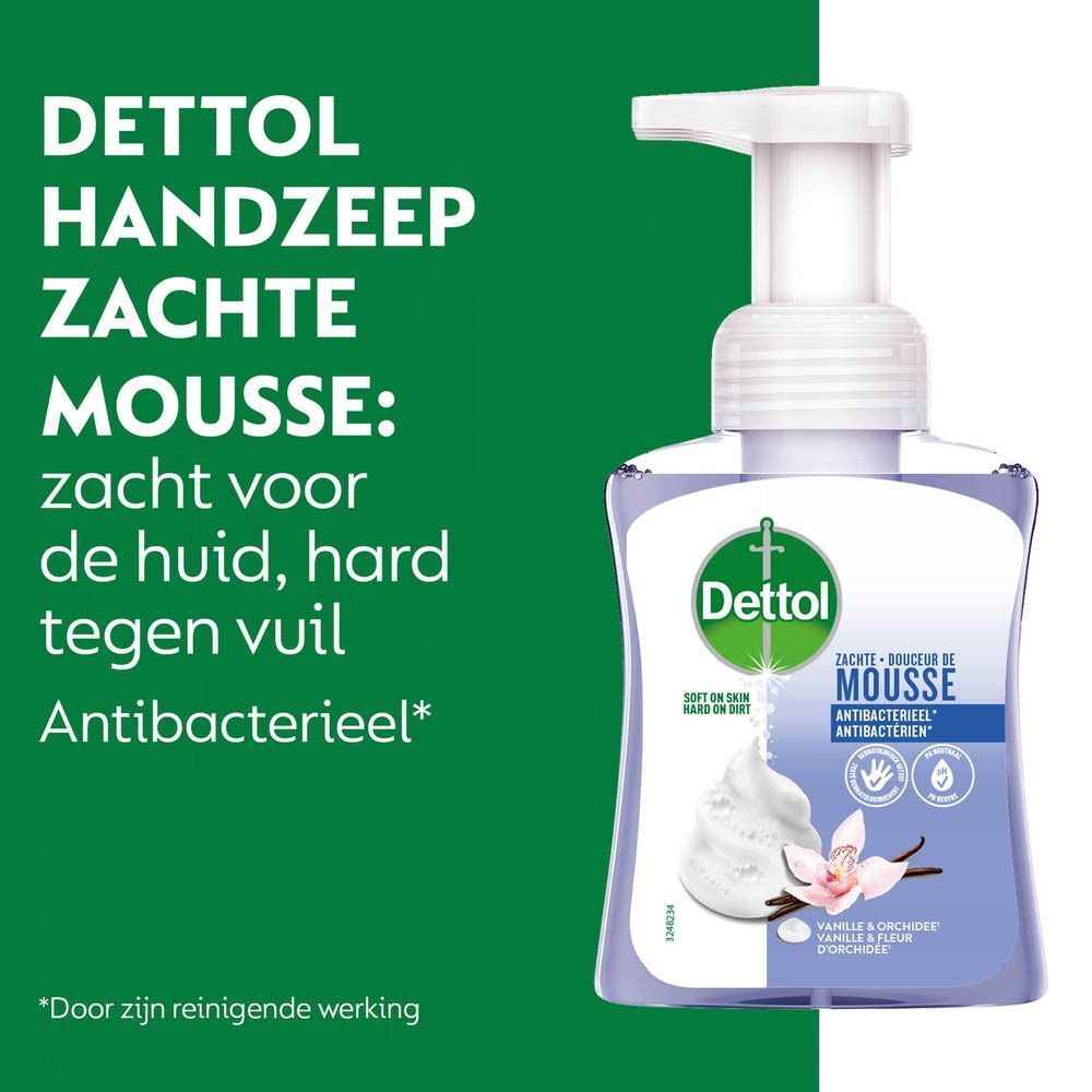 Groene achtergrond met tekst: Dettol Handzeep Zachte Mousse: zacht voor de huid, hard tegen vuil Antibacterieel*. Afbeelding van Dettol.