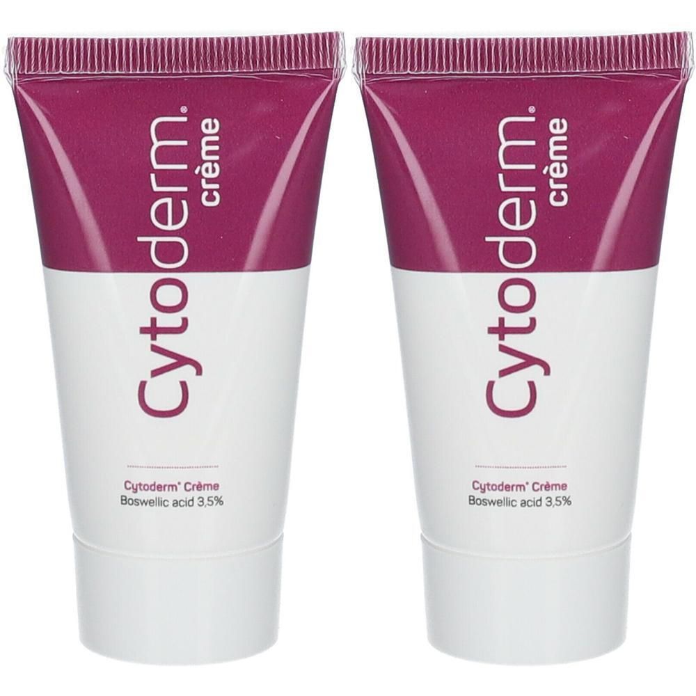 Twee tubes Cytoderm Crème. Bovenste helft bordeauxrood, onderste wit. Opschrift: Cytoderm Crème, Boswellic acid 3.5%.
