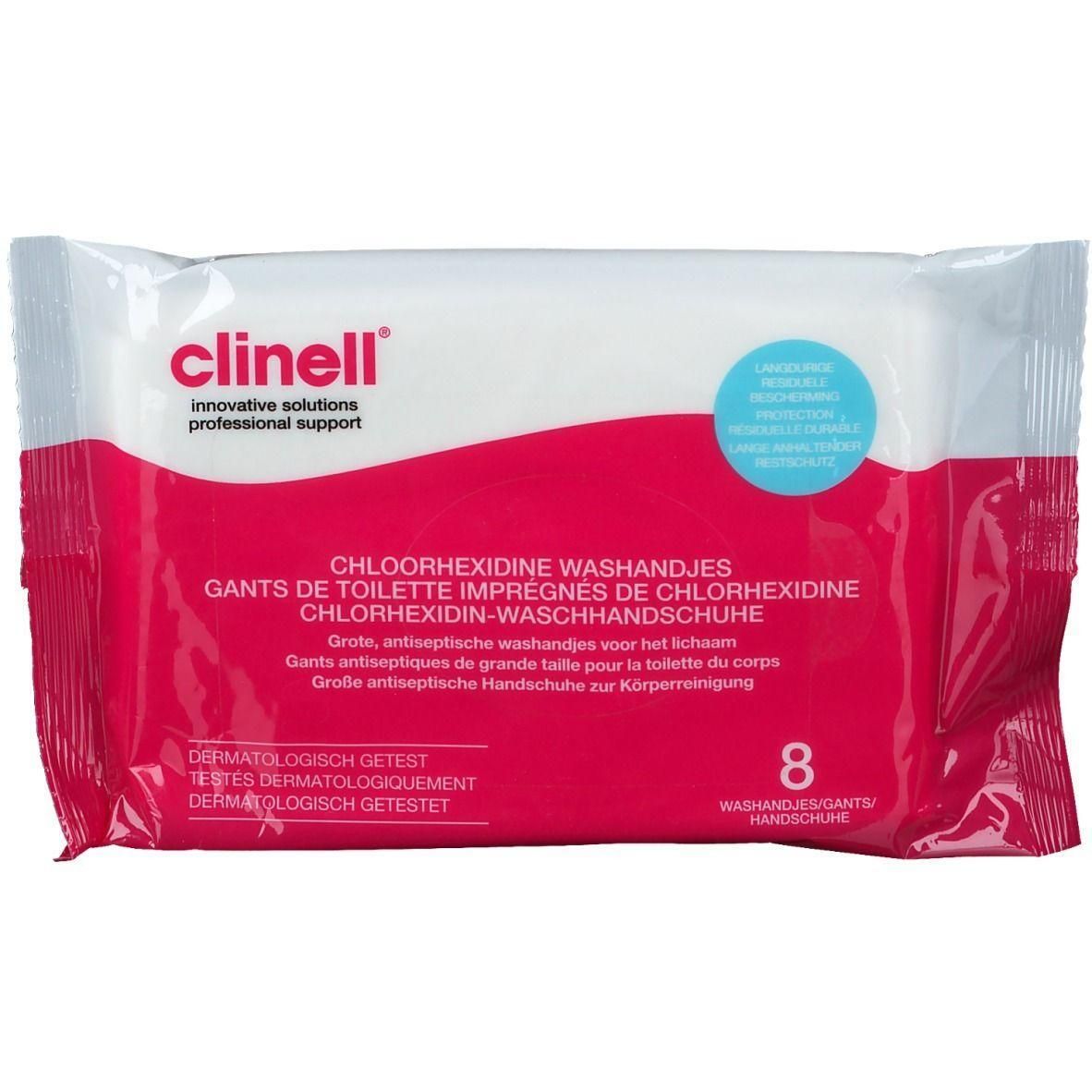 Paquet de gants de toilette imprégnés de Chlorhexidine Clinell. Emballage blanc et rose, nom du produit et 8 unités. Testé dermatologiquement.