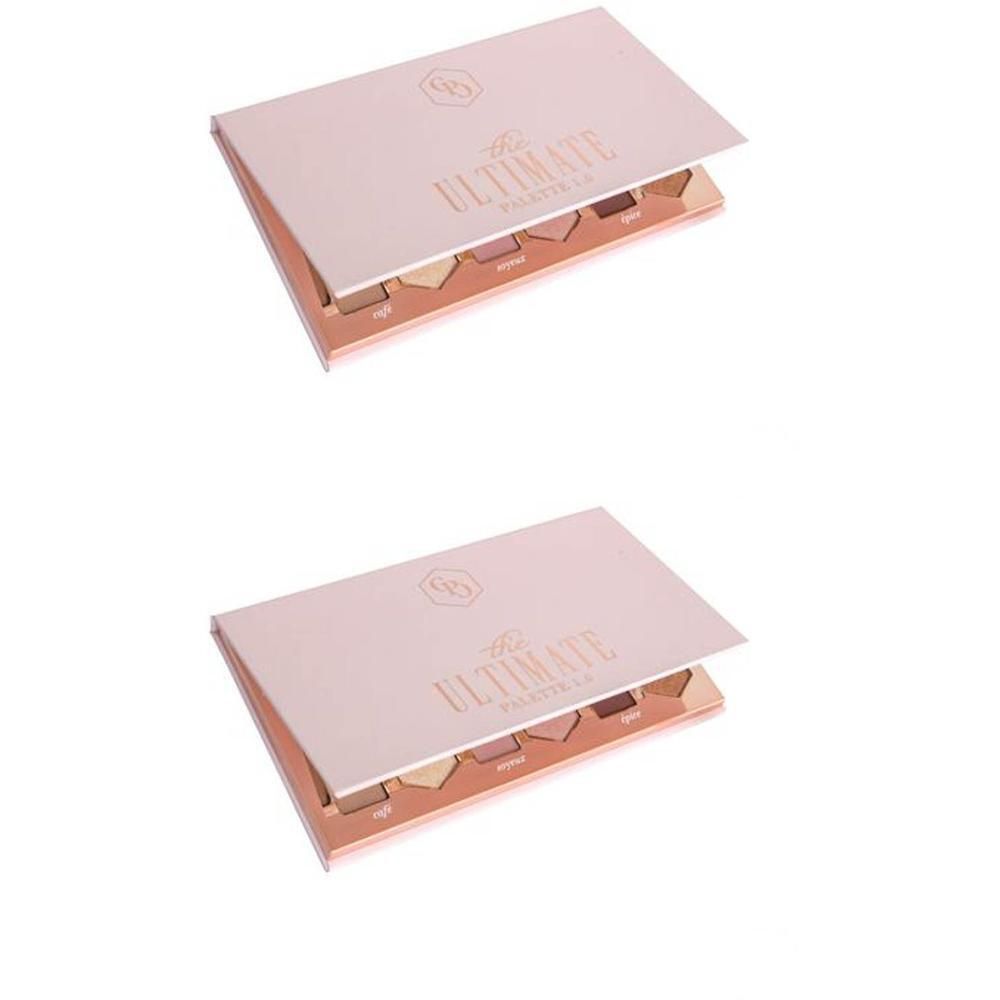 Oogschaduwpalet, open. Deksel met tekst. Verschillende tinten in geometrische vormen. Roze en beige tinten.