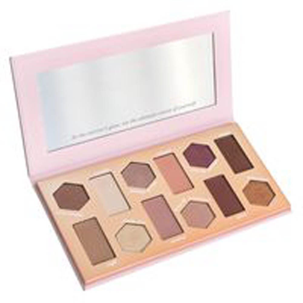 Open oogschaduwpalet met spiegel. Verschillende tinten in rechthoekige en zeshoekige vormen. Roze en bruine tinten.