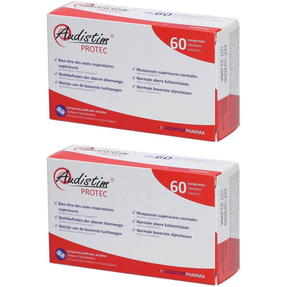 Deux boîtes Audistim Protec. Emballage blanc avec texte rouge. Contient 60 comprimés. Inscription: Bien-être des voies respiratoires supérieures.