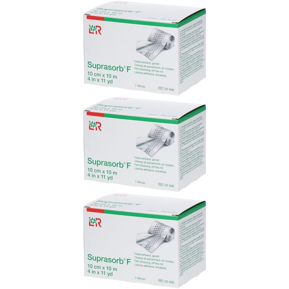 Drie dozen Suprasorb F. Op elke doos: 10 cm x 10 m, 4 in x 11 yd. Het logo is een rode ER.