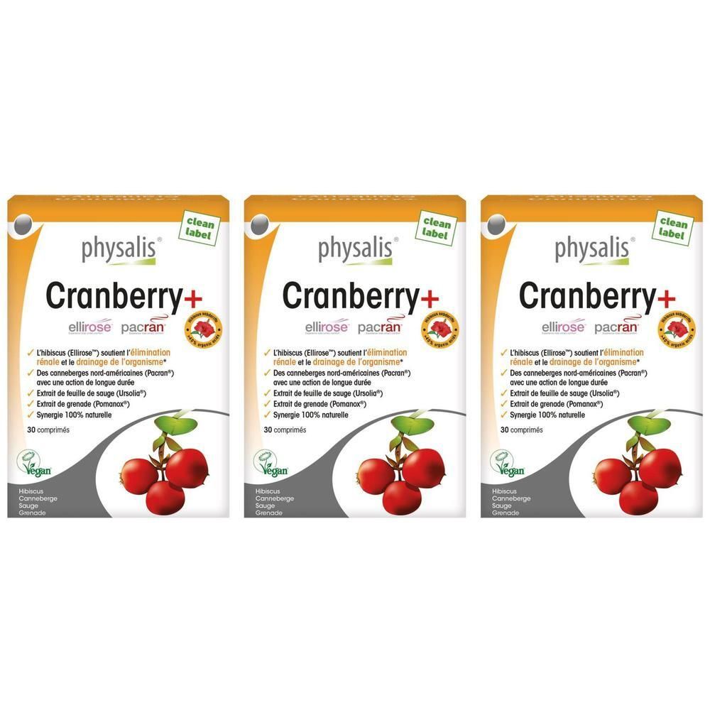 Trois boîtes de Physalis® Cranberry+ avec image de cranberry et texte. Label Vegan. Fond orange.