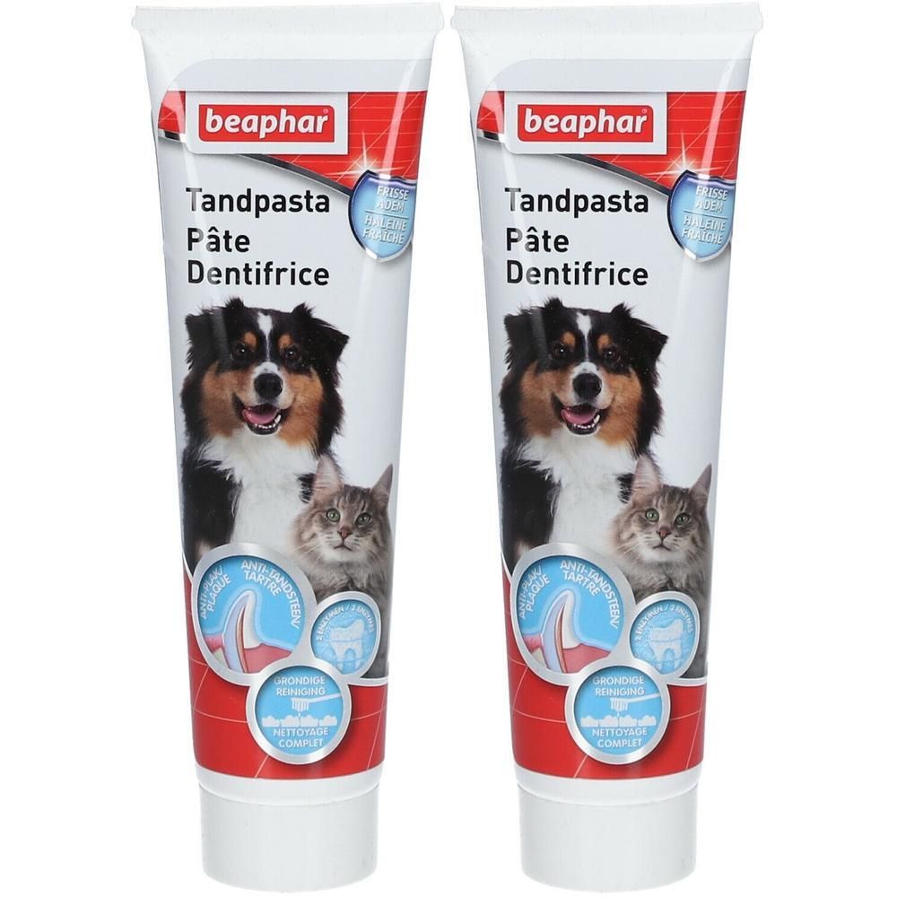 Deux tubes de dentifrice Beaphar. Sur chaque tube, un chien et un chat. Texte: Tandpasta, Pâte Dentifrice.