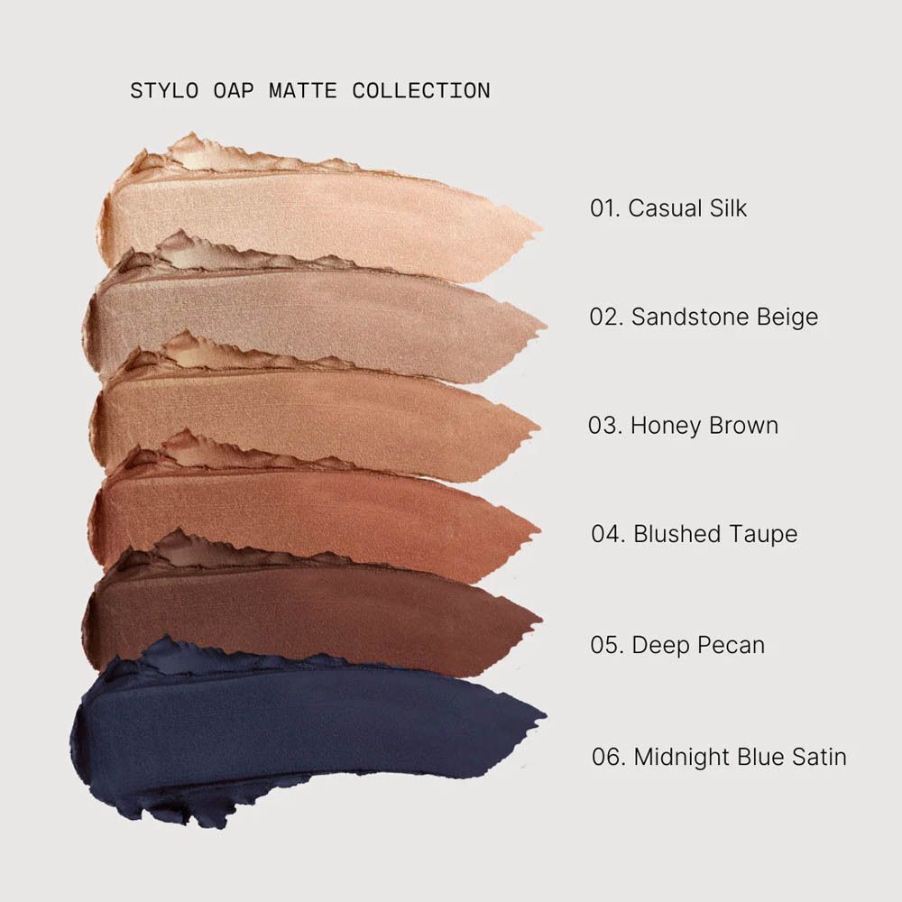 Kleurstalen van de Stylo OAP Matte Collection. Kleuren: Casual Silk, Sandstone Beige, Honey Brown, Blushed Taupe, Deep Pecan, Midnight Blue Satin.