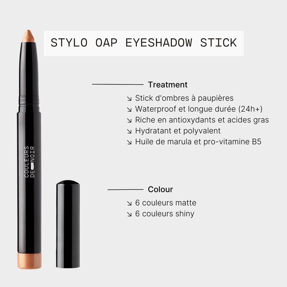 Stick de fard à paupières avec capuchon. Texte : Stylo OAP Eyeshadow Stick. Caractéristiques : 6 couleurs mates et 6 couleurs brillantes.