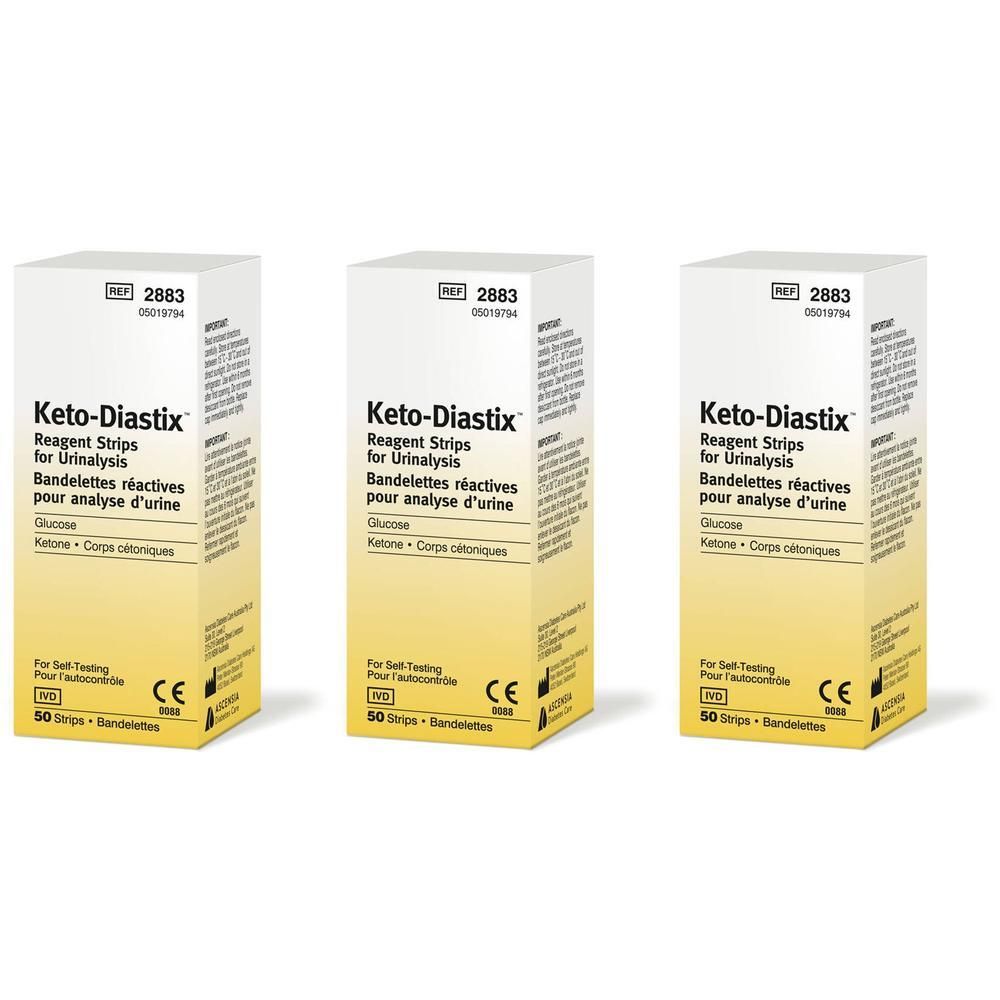 Drie dozen Keto-Diastix teststrips. Opschrift: Reagent Strips for Urinalysis, 50 strips. CE-markering.