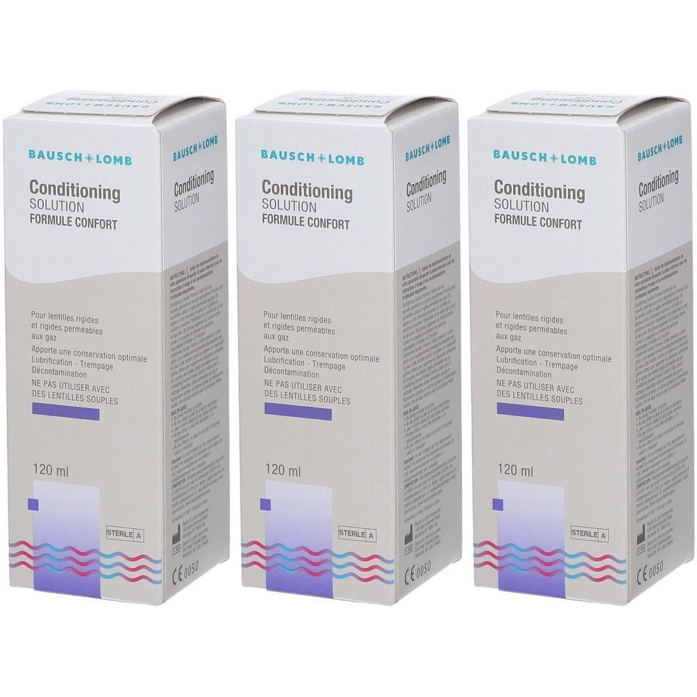 Trois boîtes de Conditioning Solution Bausch + Lomb. Inscription : Conditioning Solution, Formule Confort. Volume : 120 ml. Avec marquage CE.