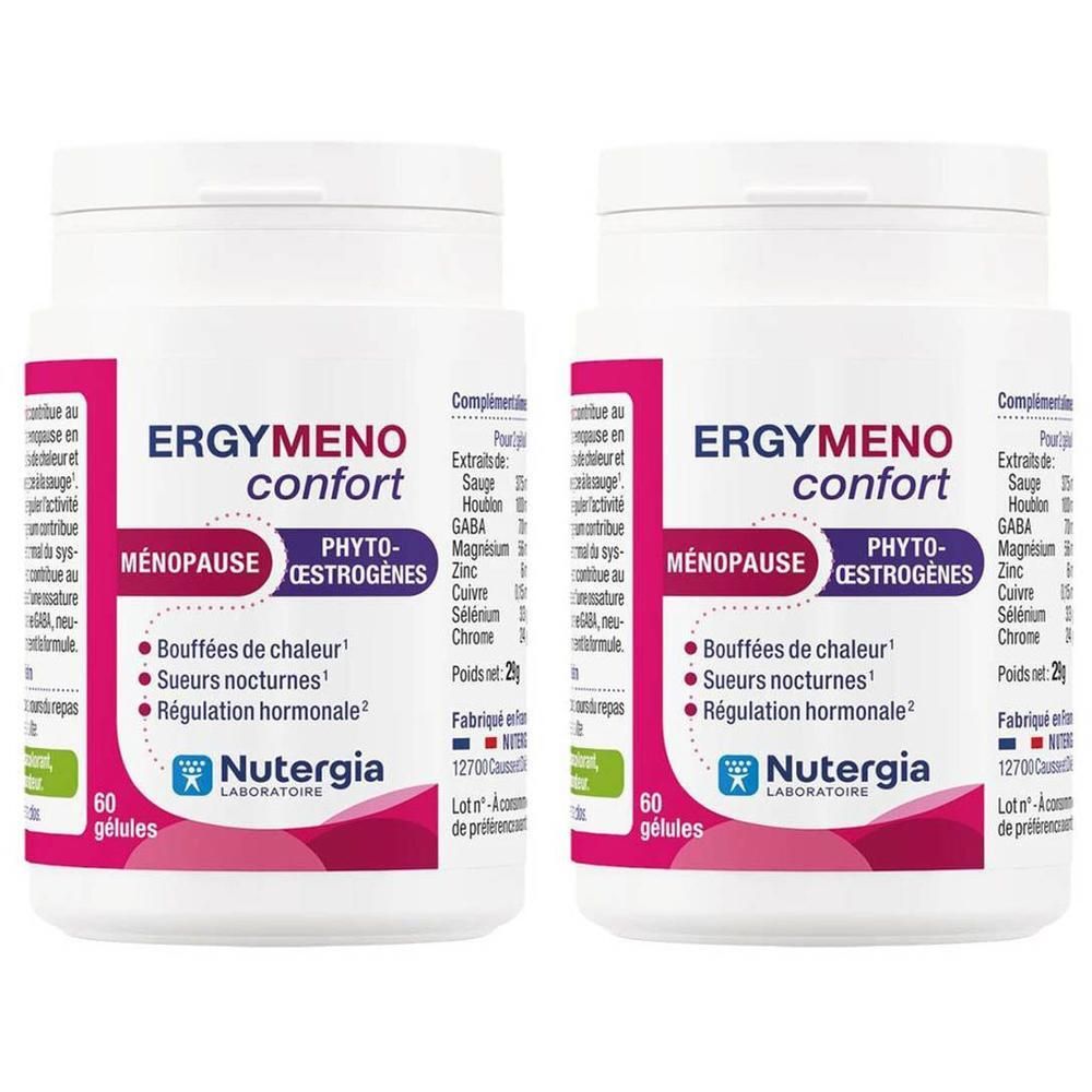 Deux flacons blancs avec étiquettes. Inscription : ERGYMENO confort, MÉNOPAUSE, PHYTO-ŒSTROGÈNES. Marque : Nutergia. 60 gélules.
