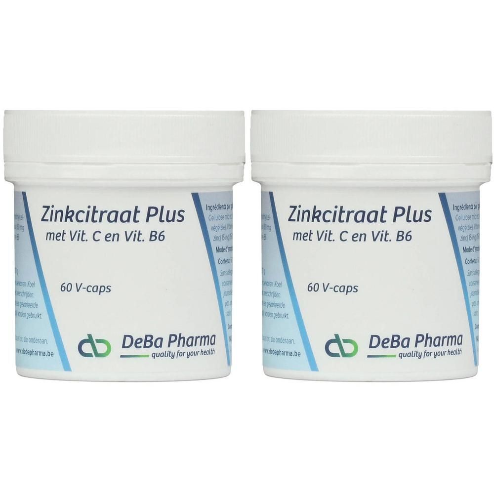Deux pots blancs avec l'inscription Zinkcitraat Plus, 60 V-caps et DeBa Pharma. Inscription: met Vit. C en Vit. B6.
