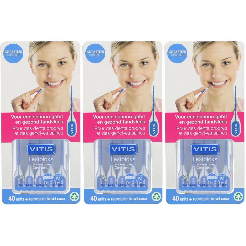 Drie verpakkingen Vitis Flexipicks. Elke verpakking toont een vrouw die het product gebruikt. Opschrift: 40 stuks + recyclebare reisetui.