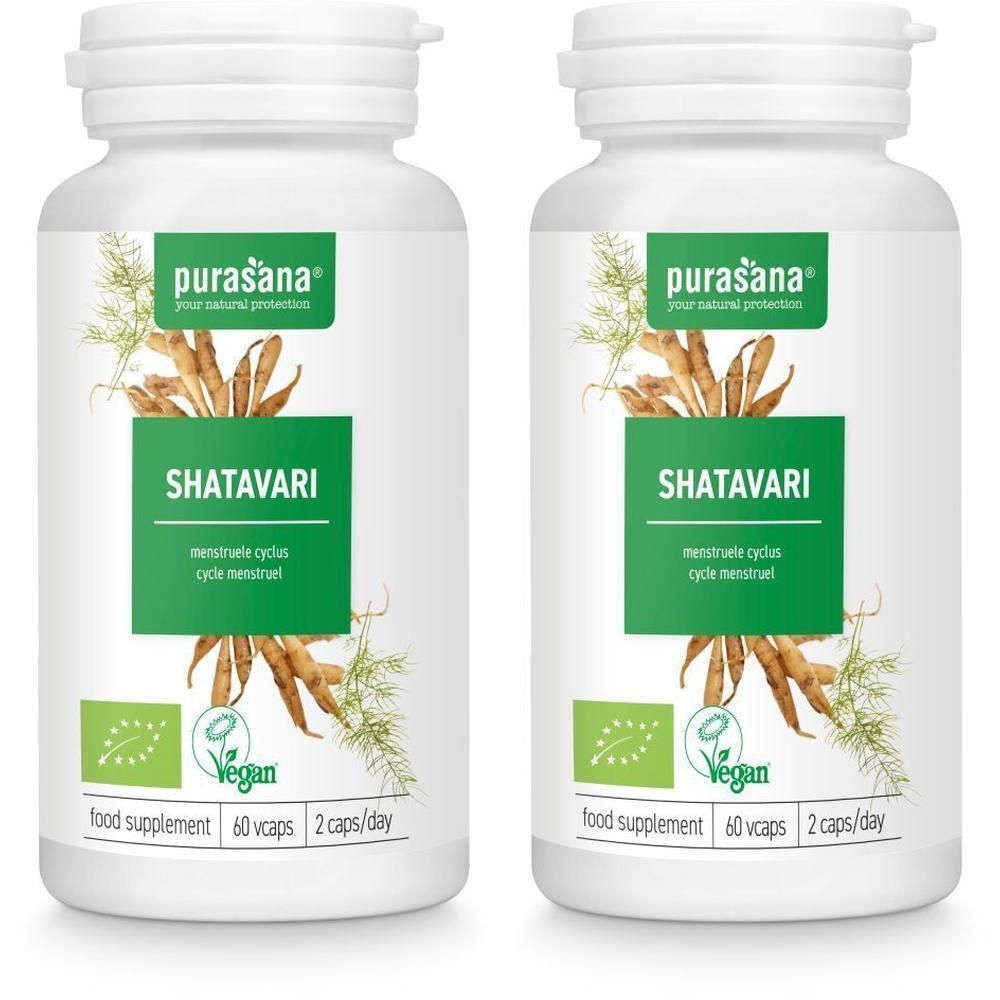 Twee witte flessen met groen etiket. Opschrift: SHATAVARI, vegan, 60 capsules, 2 capsules/dag. Merk: Purasana.