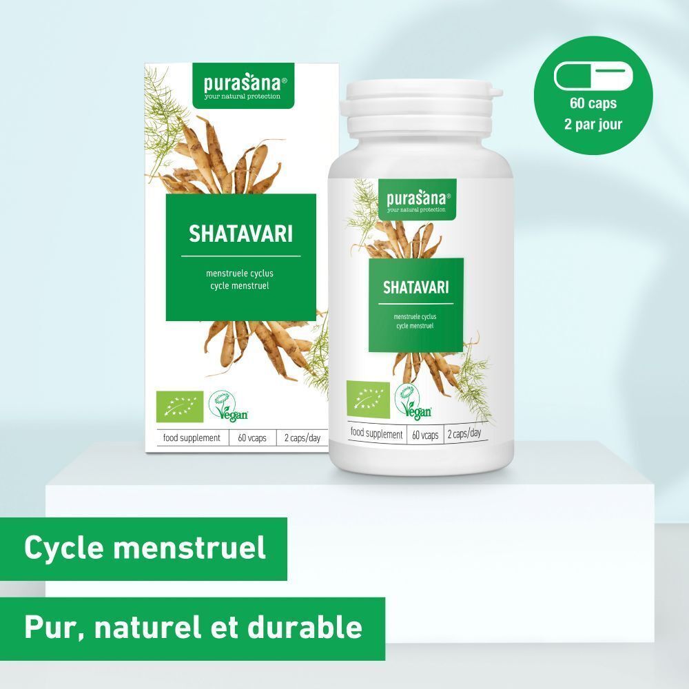 Emballage et flacon. Inscription : SHATAVARI, vegan, 60 gélules, 2 gélules/jour. Marque : Purasana. Vert : Cycle menstruel.