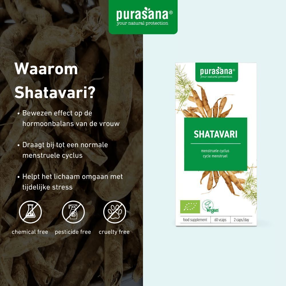 Verpakking met tekst en fles. Opschrift: SHATAVARI, vegan, 60 capsules, 2 capsules/dag. Merk: Purasana. Tekst: Waarom Shatavari?